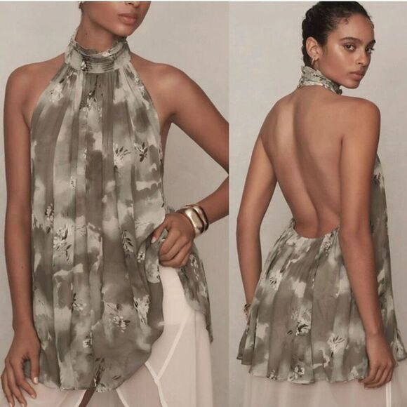 Anthropologie Olive Floral Flowy Chiffon Open Back Halter Top NWT Size Large - Picture 1 of 6